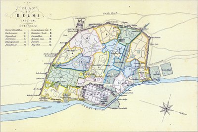 Plan van Delhi 1857-58, gegraveerd door Guyot en Wood, gepubliceerd door William Mackenzie, Edinburgh door English School